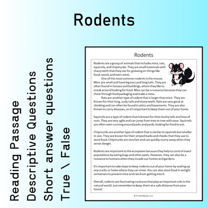 Rodents | Reading Comprehension Passage Printable Worksheet