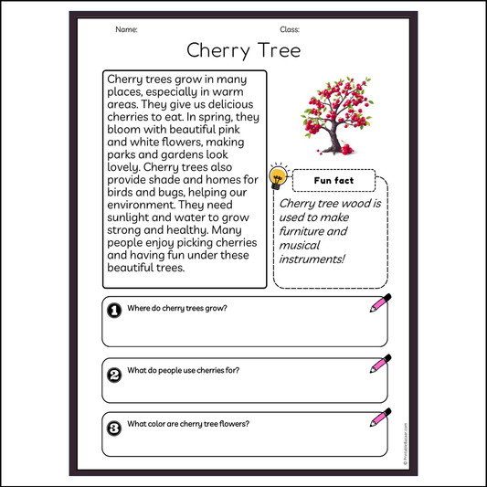 Cherry Tree | Reading Passage Comprehension Questions Writing Facts Worksheet