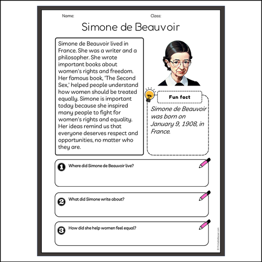 Simone de Beauvoir | Reading Passage Comprehension Questions Writing Facts Worksheet