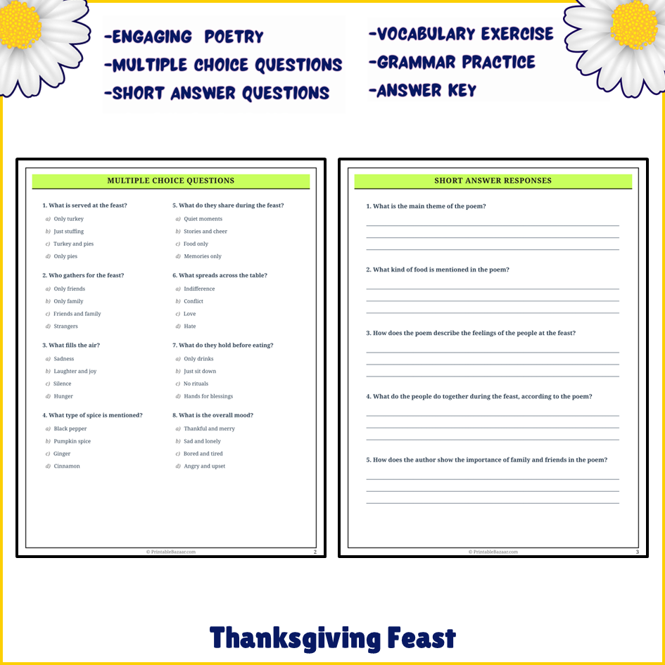 Thanksgiving Feast | Poem Grammar Worksheet Printable Activity