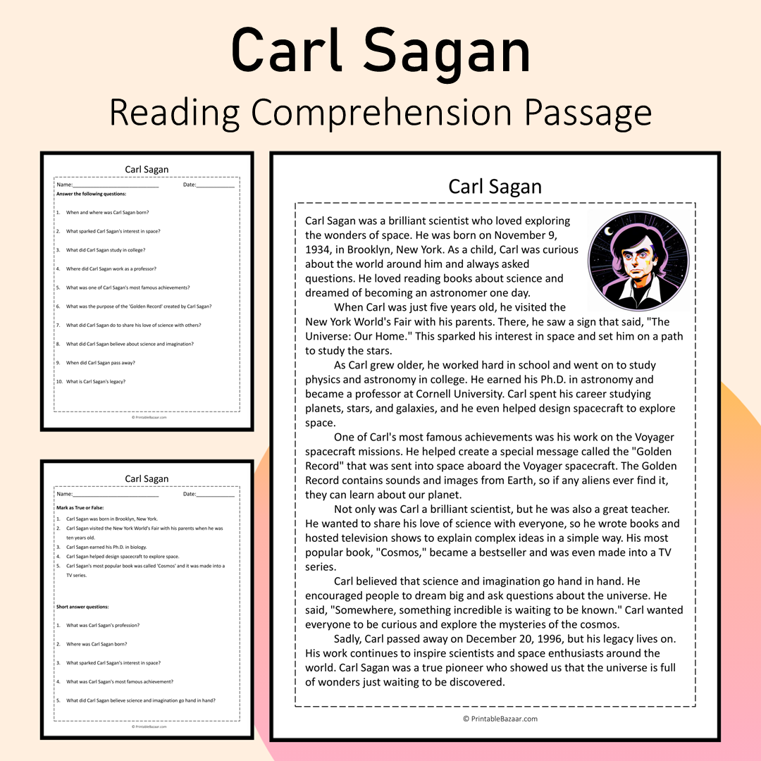 Carl Sagan | Reading Comprehension Passage Printable Activity