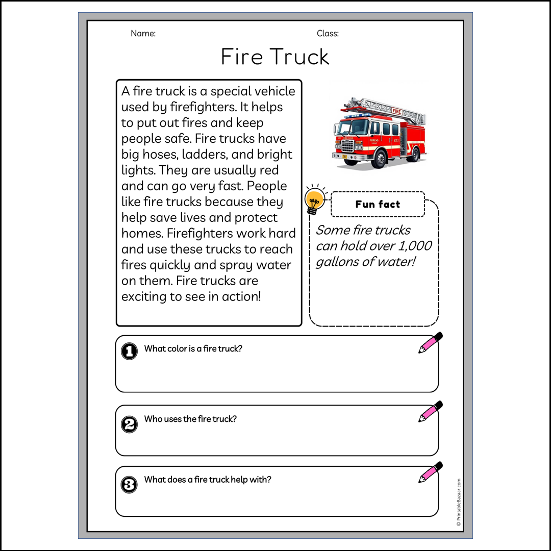 Fire Truck | Reading Passage Comprehension Questions Writing Facts Worksheet