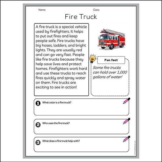 Fire Truck | Reading Passage Comprehension Questions Writing Facts Worksheet