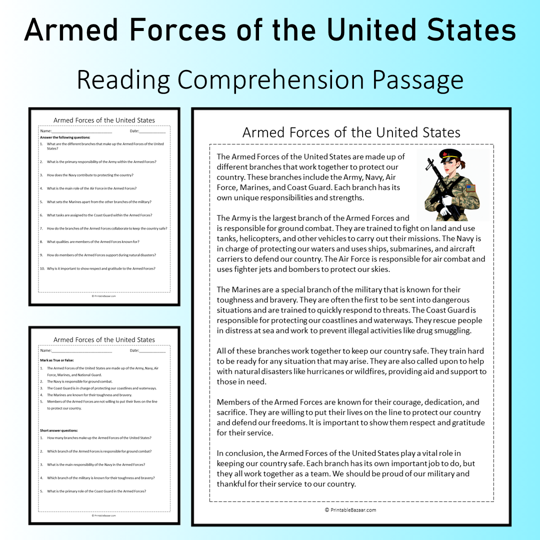 Armed Forces of the United States | Reading Comprehension Passage Printable Worksheet