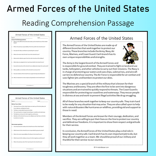 Armed Forces of the United States | Reading Comprehension Passage Printable Worksheet