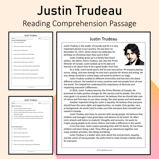 Justin Trudeau | Reading Comprehension Passage Printable Activity