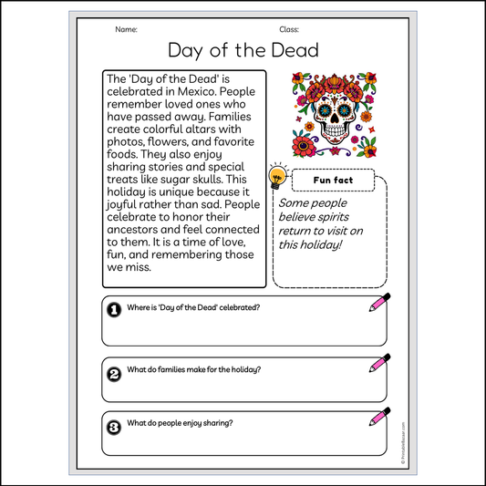 Day of the Dead | Reading Passage Comprehension Questions Writing Facts Worksheet
