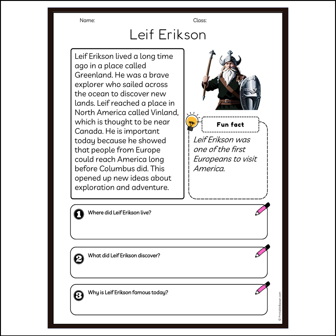 Leif Erikson | Reading Passage Comprehension Questions Writing Facts Worksheet