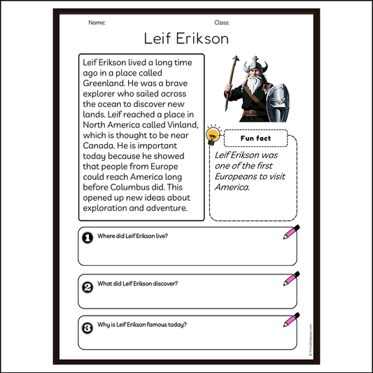 Leif Erikson | Reading Passage Comprehension Questions Writing Facts Worksheet