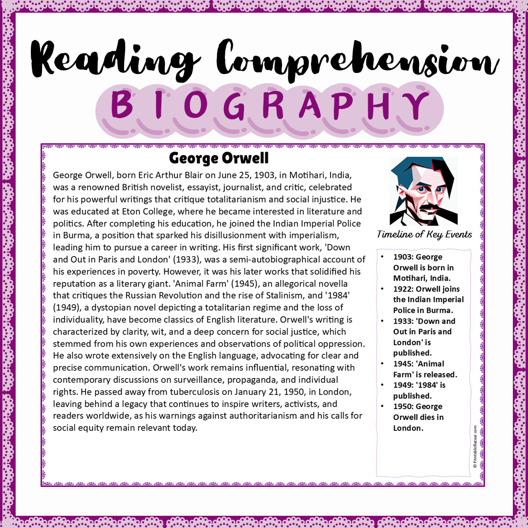 George Orwell | Biography Reading Comprehension and Questions Worksheet