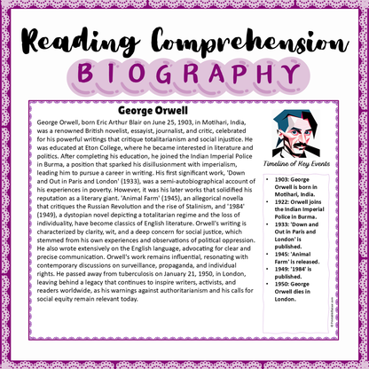 George Orwell | Biography Reading Comprehension and Questions Worksheet