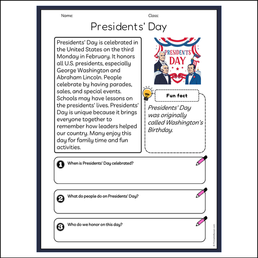 Presidents' Day | Reading Passage Comprehension Questions Writing Facts Worksheet