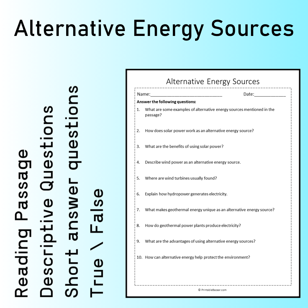 Alternative Energy Sources | Reading Comprehension Passage Printable Worksheet