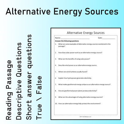 Alternative Energy Sources | Reading Comprehension Passage Printable Worksheet