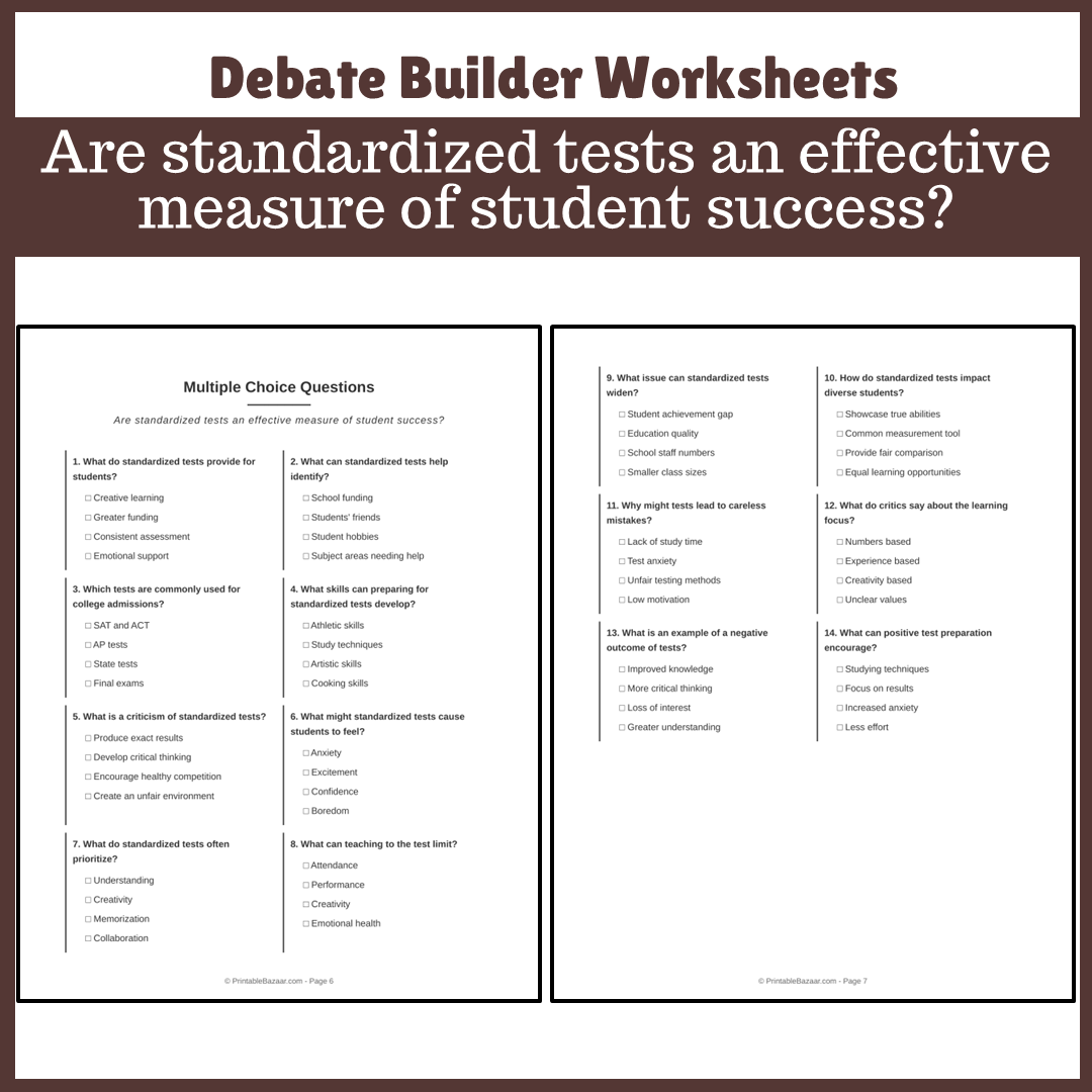 Are standardized tests an effective measure of student success? | Favour and Against Worksheet Printable Activity