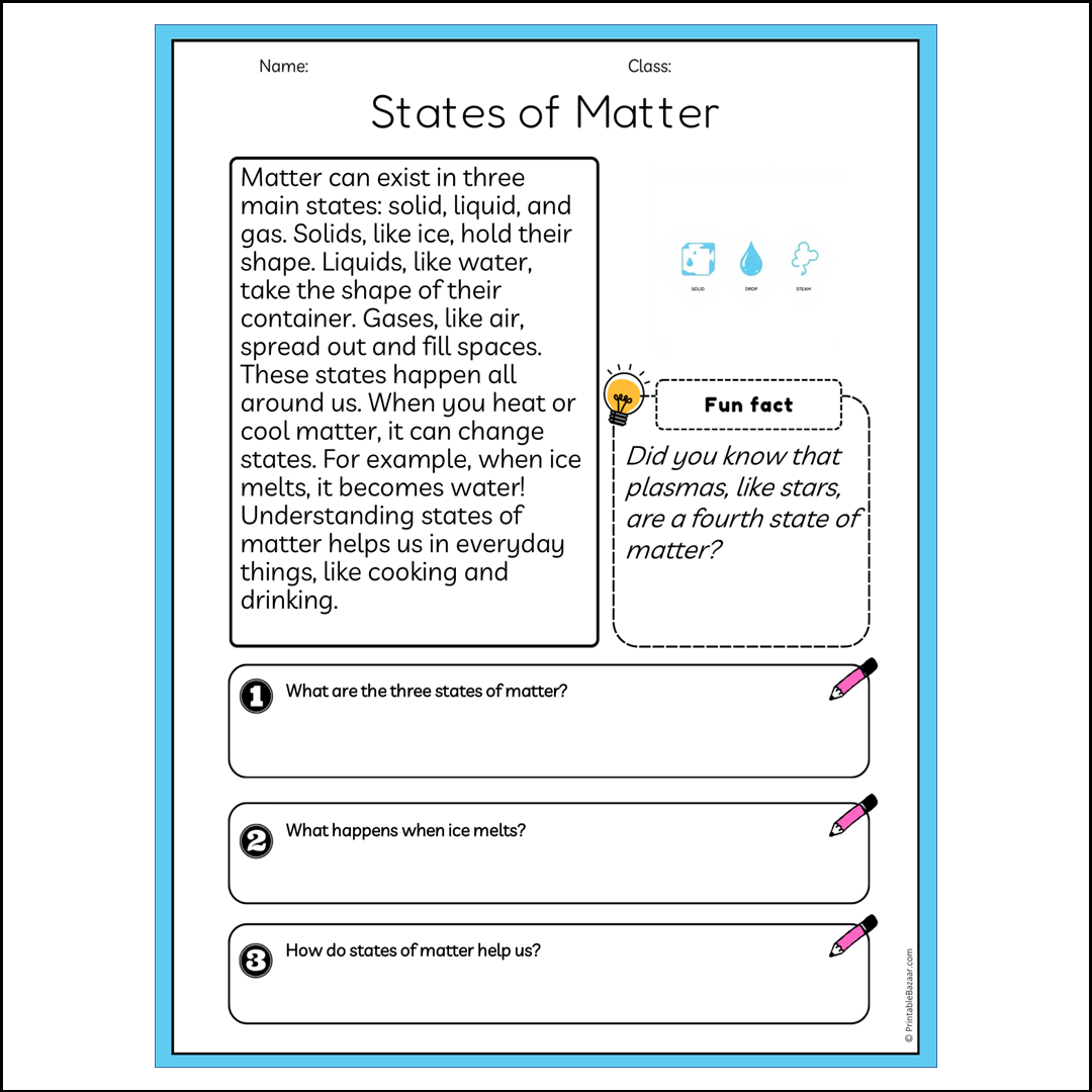 States of Matter | Reading Passage Comprehension Questions Writing Facts Worksheet