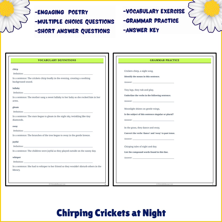 Chirping Crickets at Night | Poem Grammar Worksheet Printable Activity