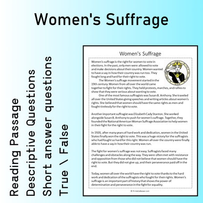 Women's Suffrage | Reading Comprehension Passage Printable Worksheet