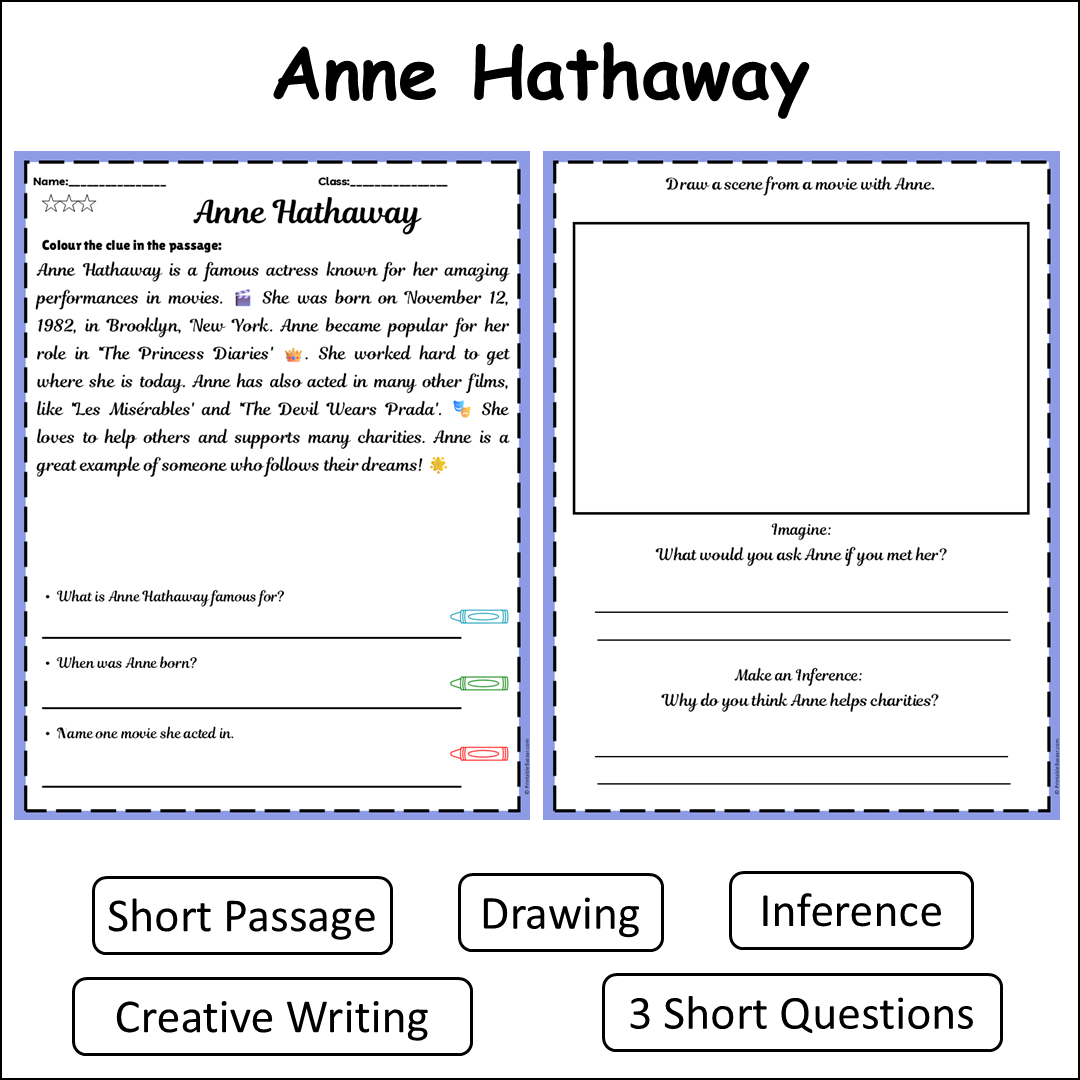 Anne Hathaway | Short Reading Comprehension Creative Worksheet