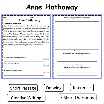 Anne Hathaway | Short Reading Comprehension Creative Worksheet