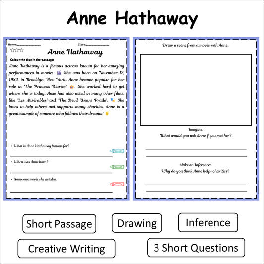 Anne Hathaway | Short Reading Comprehension Creative Worksheet