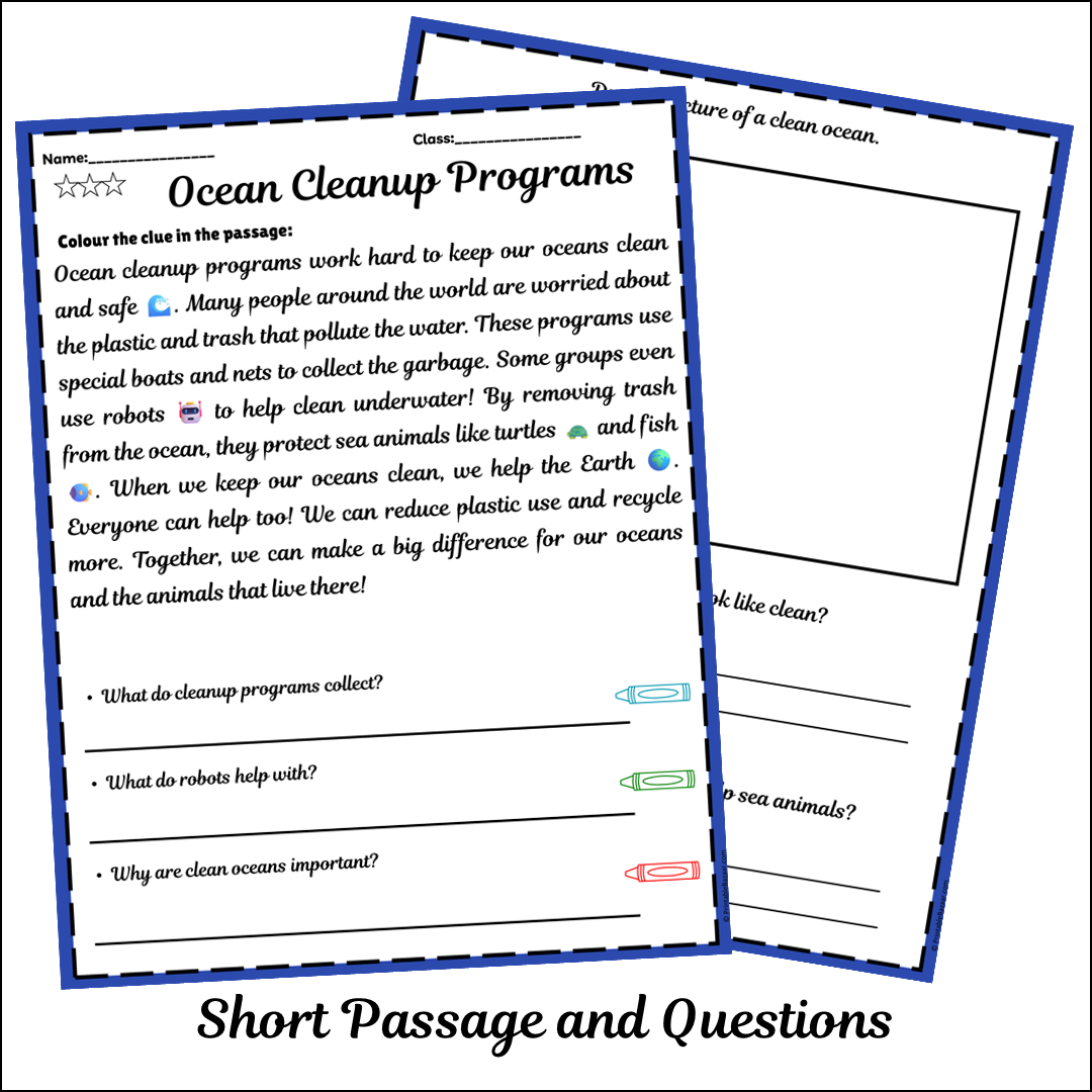 Ocean Cleanup Programs | Short Reading Comprehension Creative Worksheet