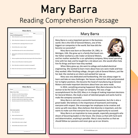 Mary Barra | Reading Comprehension Passage Printable Activity