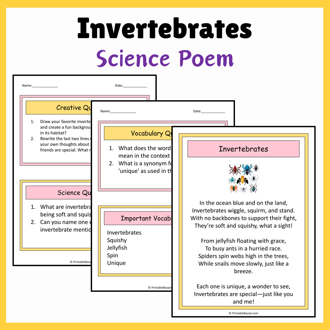 Invertebrates | Science Poem Reading Comprehension Activity