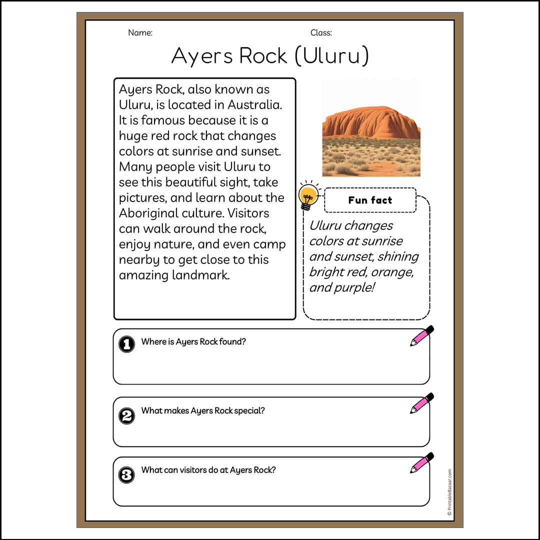 Ayers Rock (Uluru) | Reading Passage Comprehension Questions Writing Facts Worksheet