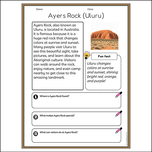 Ayers Rock (Uluru) | Reading Passage Comprehension Questions Writing Facts Worksheet