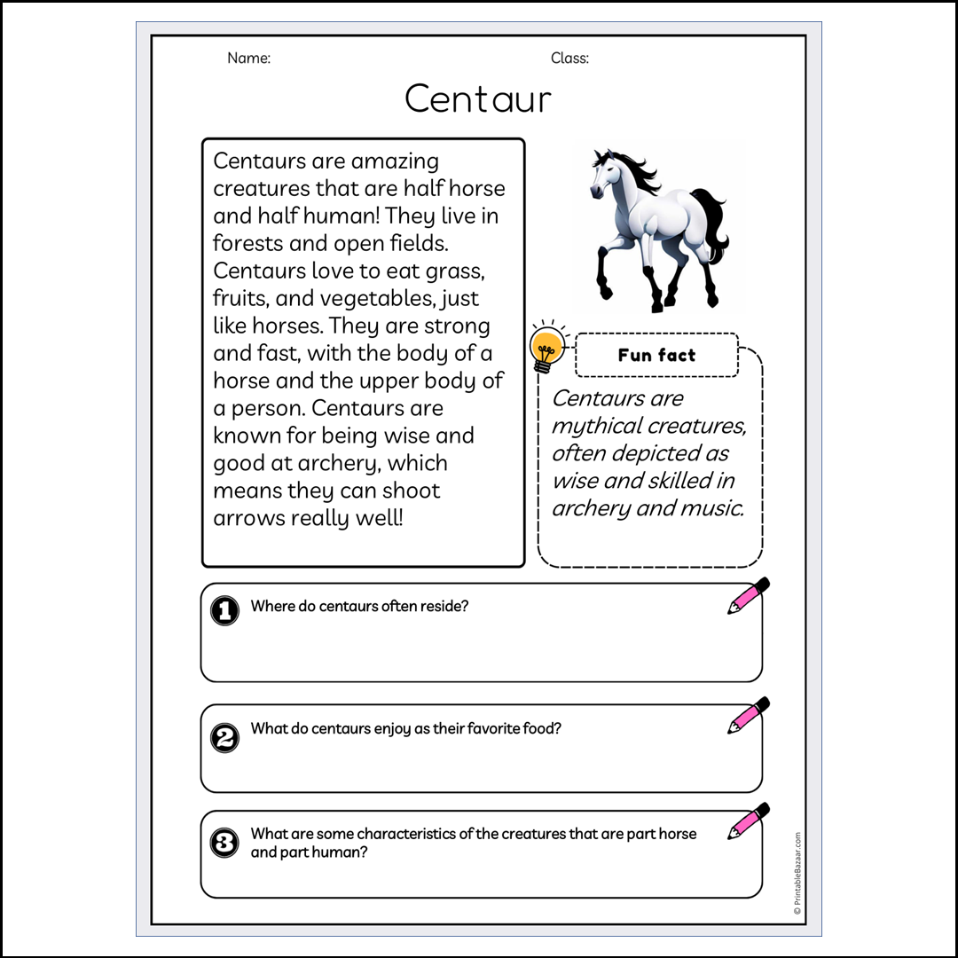 Centaur | Reading Passage Comprehension Questions Writing Facts Worksheet