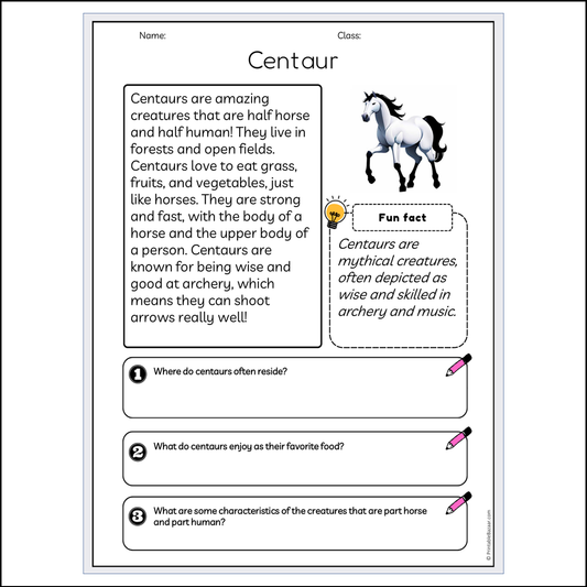 Centaur | Reading Passage Comprehension Questions Writing Facts Worksheet