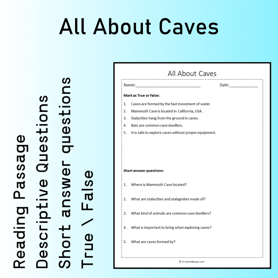 All About Caves | Reading Comprehension Passage Printable Worksheet