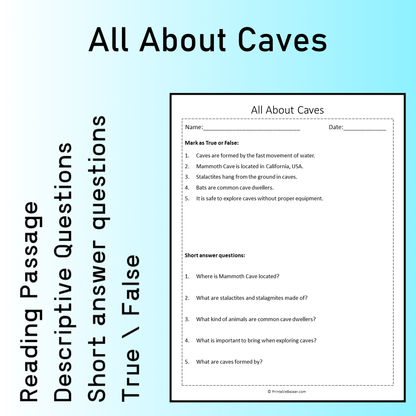 All About Caves | Reading Comprehension Passage Printable Worksheet