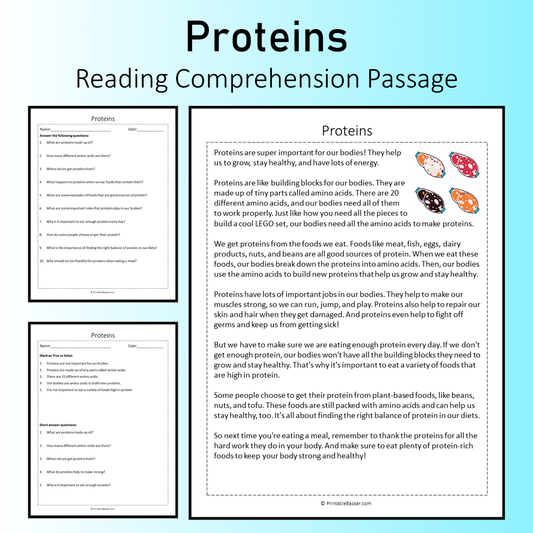 Proteins | Reading Comprehension Passage Printable Worksheet