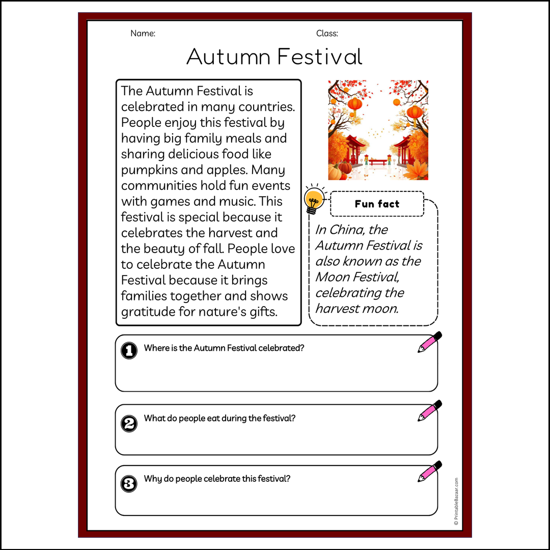 Autumn Festival | Reading Passage Comprehension Questions Writing Facts Worksheet