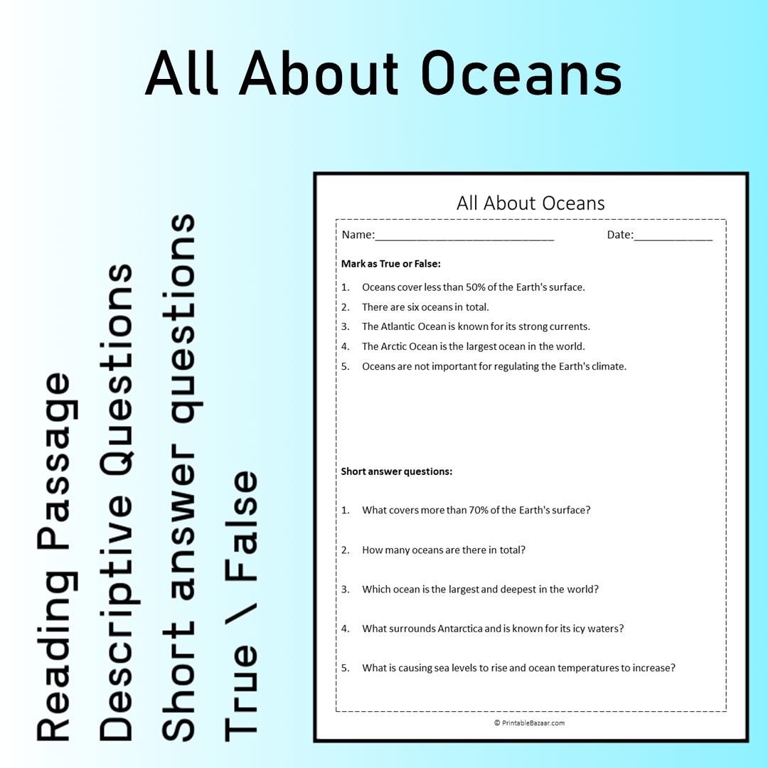 All About Oceans | Reading Comprehension Passage Printable Worksheet