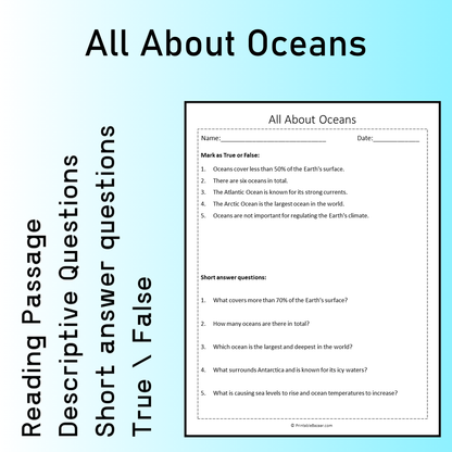 All About Oceans | Reading Comprehension Passage Printable Worksheet