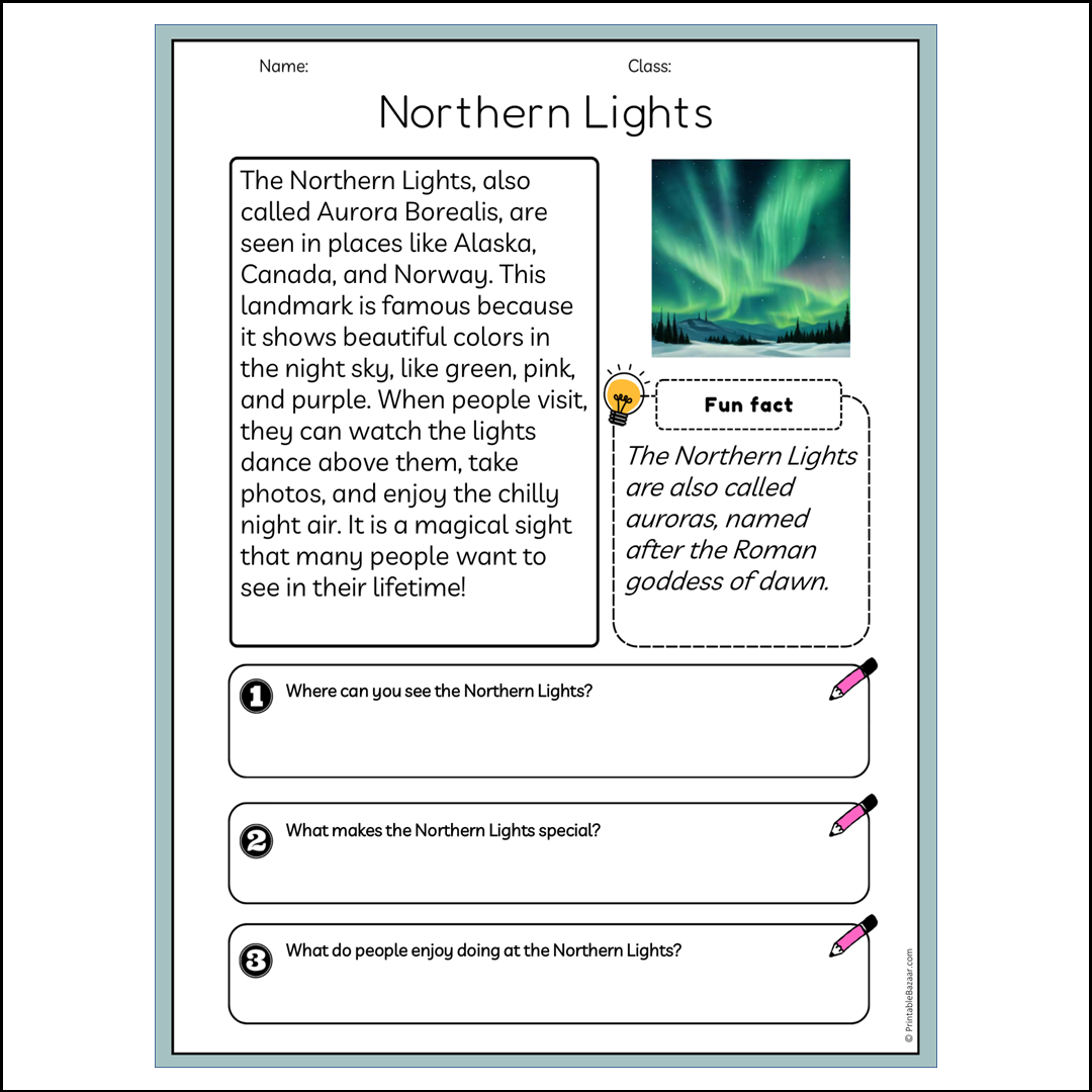 Northern Lights | Reading Passage Comprehension Questions Writing Facts Worksheet