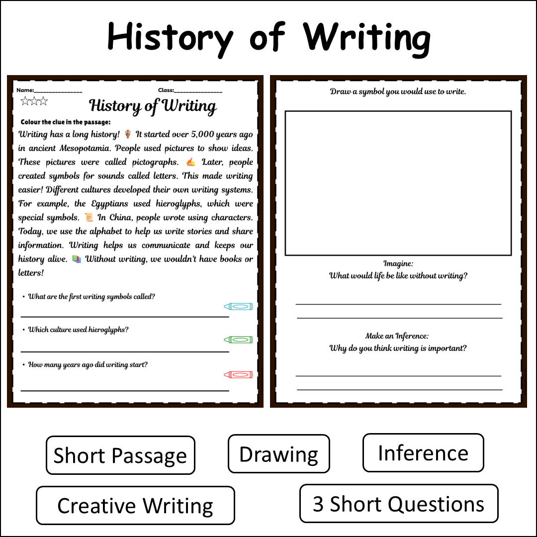 History of Writing | Short Reading Comprehension Creative Worksheet