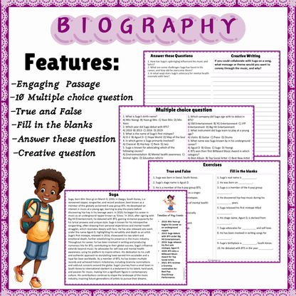 Suga | Biography Reading Comprehension and Questions Worksheet