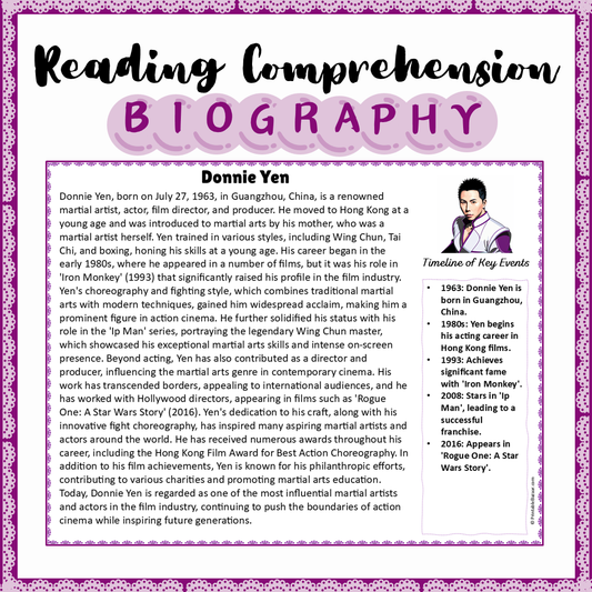 Donnie Yen | Biography Reading Comprehension and Questions Worksheet