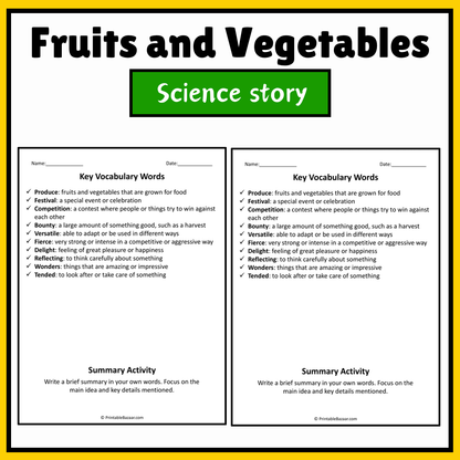 Fruits and Vegetables | Science Story Reading Comprehension Activity