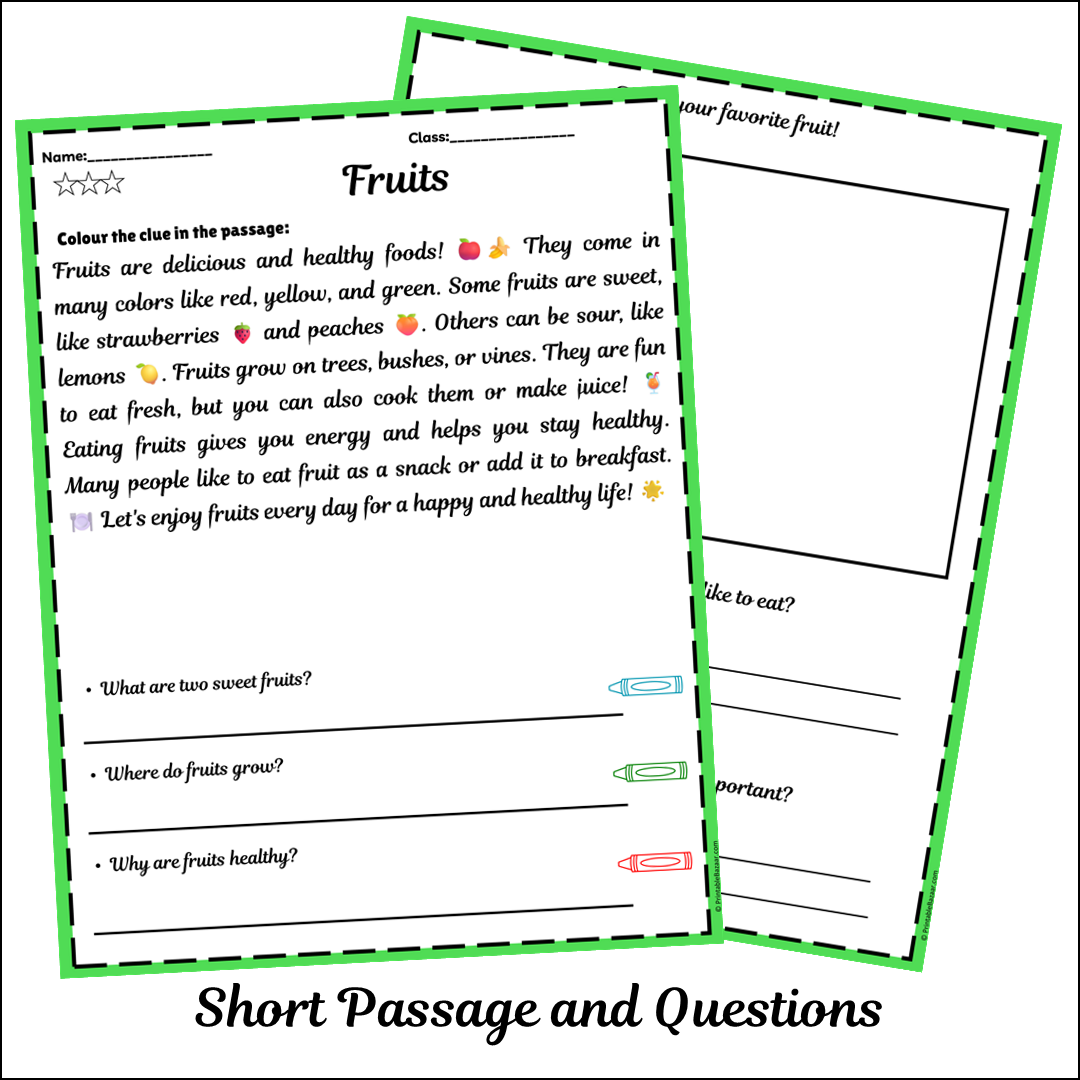 Fruits | Short Reading Comprehension Creative Worksheet