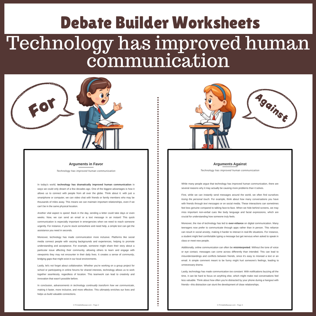 Technology has improved human communication | Favour and Against Worksheet Printable Activity