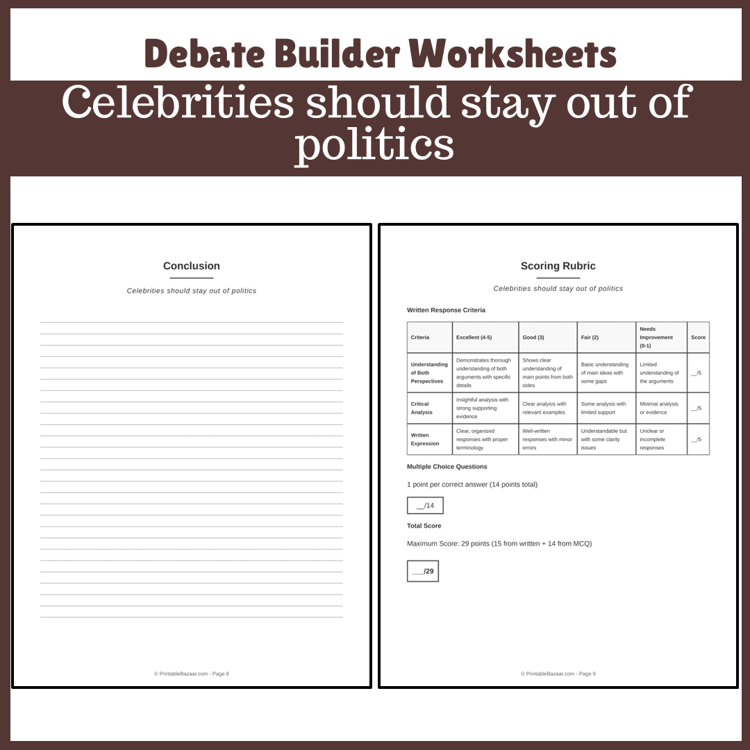 Celebrities should stay out of politics | Favour and Against Worksheet Printable Activity