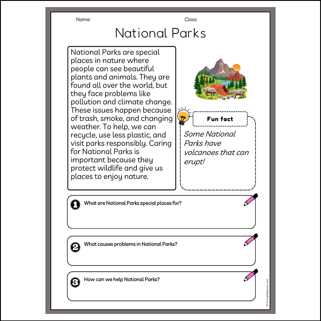 National Parks | Reading Passage Comprehension Questions Writing Facts Worksheet