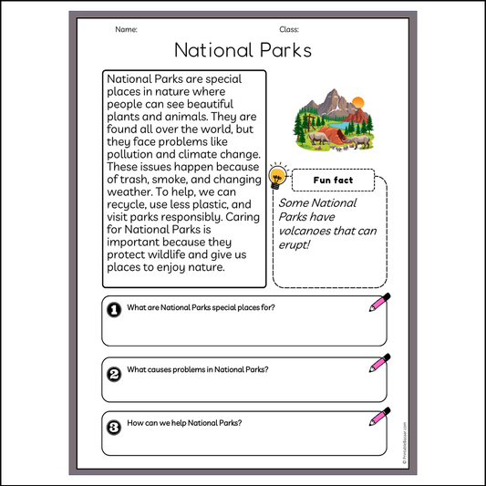 National Parks | Reading Passage Comprehension Questions Writing Facts Worksheet