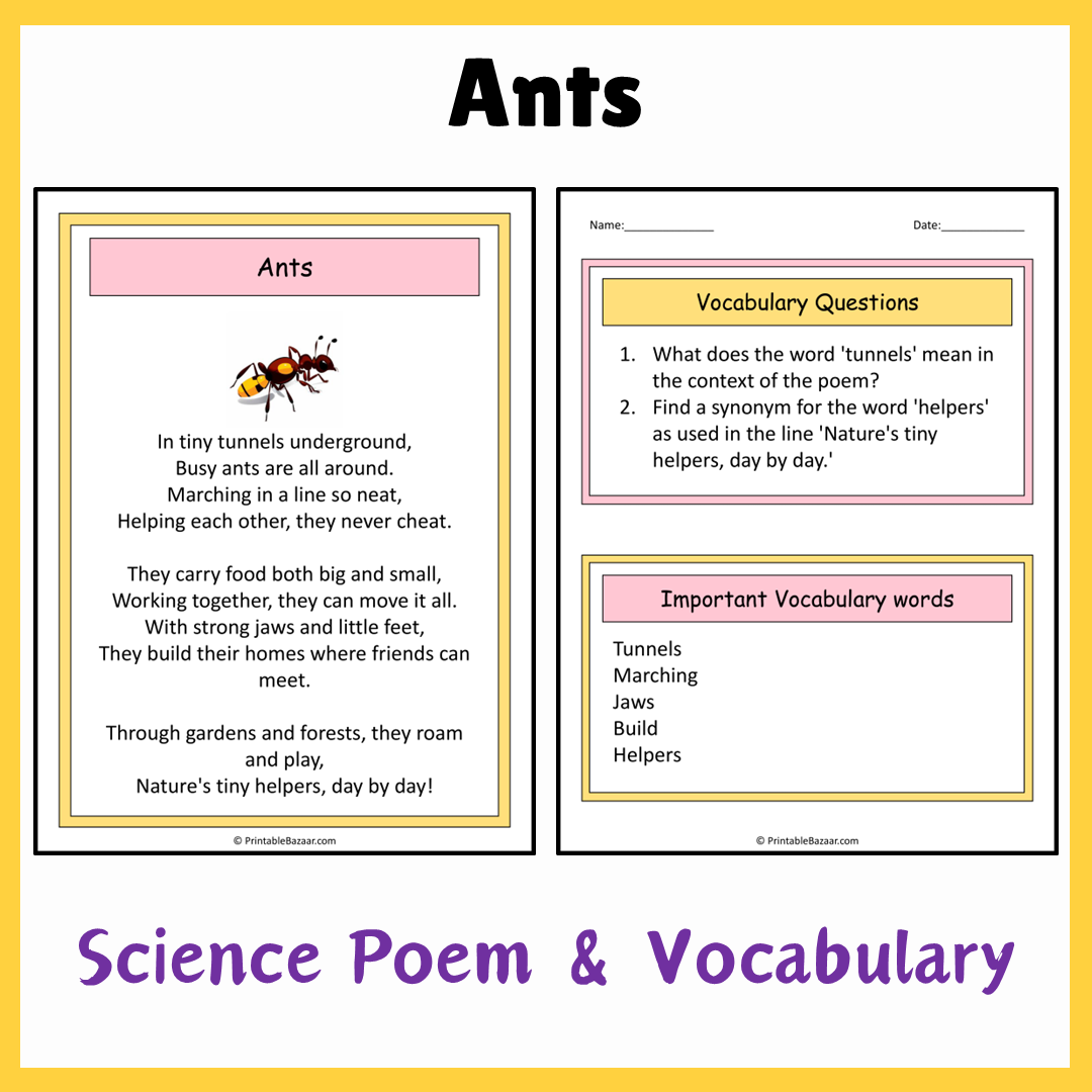 Ants | Science Poem Reading Comprehension Activity