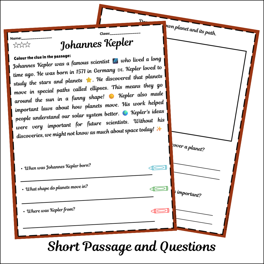 Johannes Kepler | Short Reading Comprehension Creative Worksheet